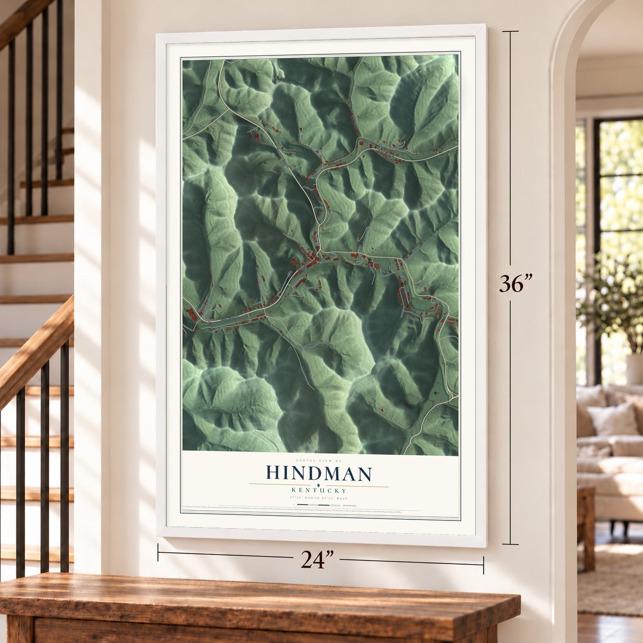 Hindman, Kentucky map, 24 x 36 inch print in a white frame by a staircase