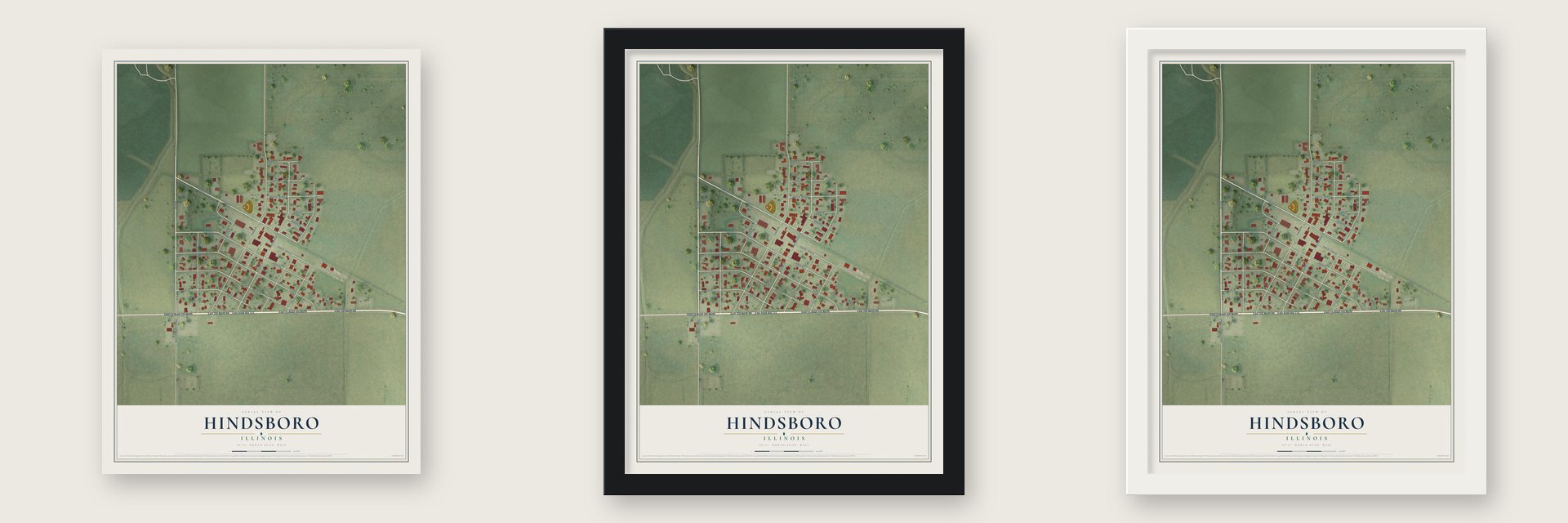 Hindsboro, Illinois map unframed, in a black wood frame and in a white wood frame