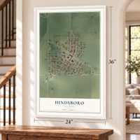 Hindsboro, Illinois map, 24 x 36 inch print in a white frame by a staircase