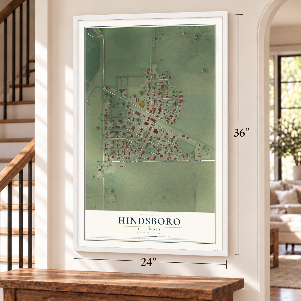 Hindsboro, Illinois map, 24 x 36 inch print in a white frame by a staircase