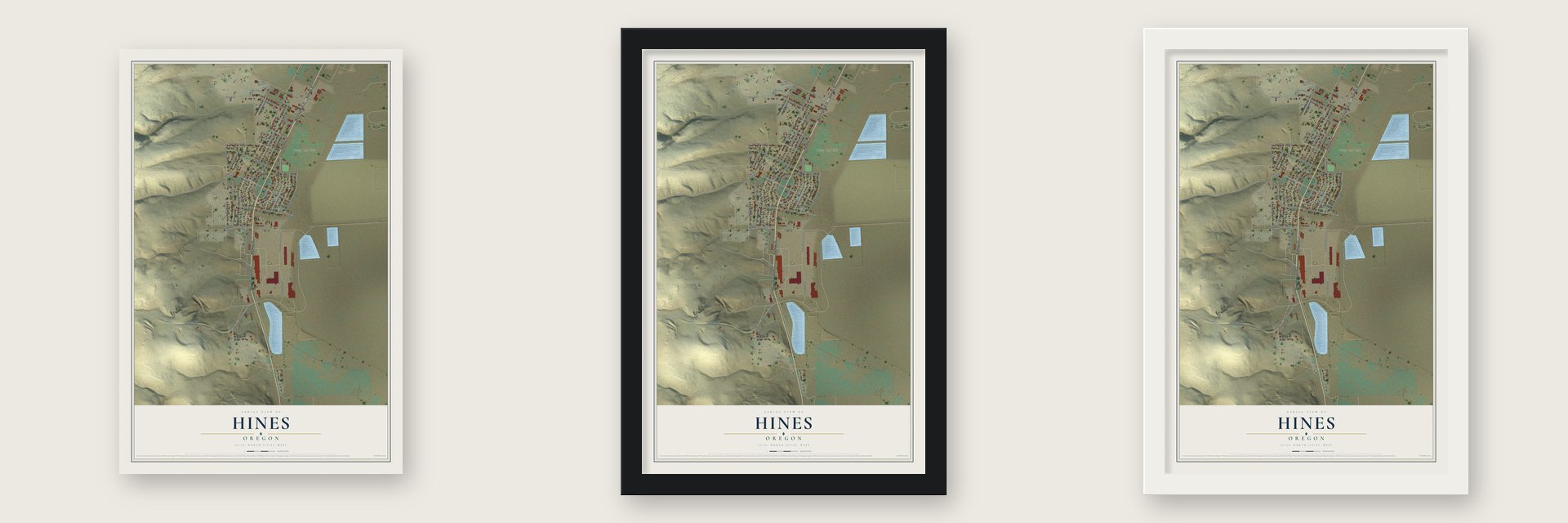 Hines, Oregon map unframed, in a black wood frame and in a white wood frame