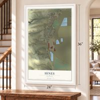 Hines, Oregon map, 24 x 36 inch print in a white frame by a staircase