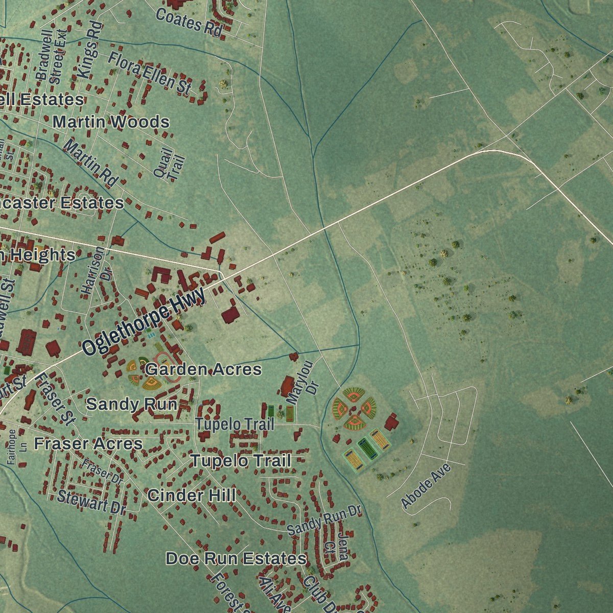 Second close-up of the map of Hinesville, Georgia print showing more streets and buildings