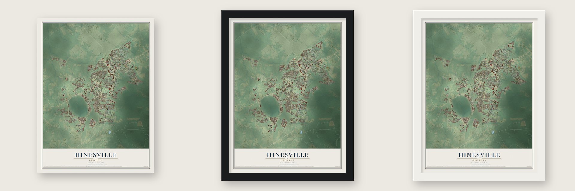 Hinesville, Georgia map unframed, in a black wood frame and in a white wood frame