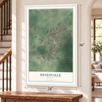Hinesville, Georgia map, 24 x 36 inch print in a white frame by a staircase