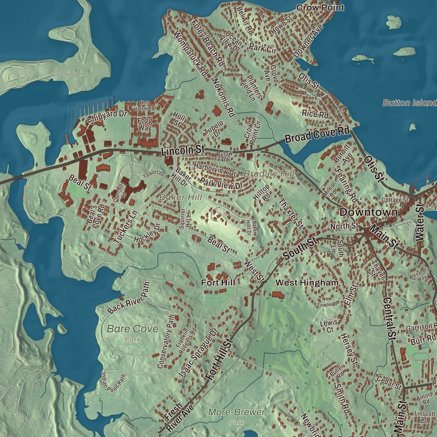 Close-up of the map of Hingham, Massachusetts print showing terrain and local geography