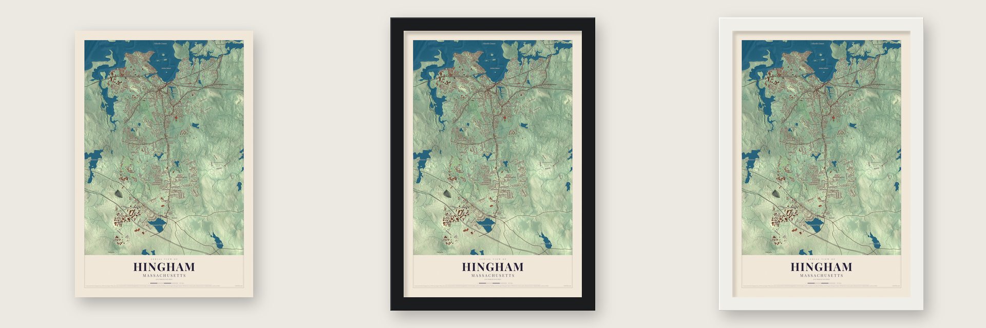Hingham, Massachusetts map unframed, in a black wood frame and in a white wood frame