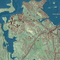 Close-up of the map of Hingham, Massachusetts print showing terrain and local geography