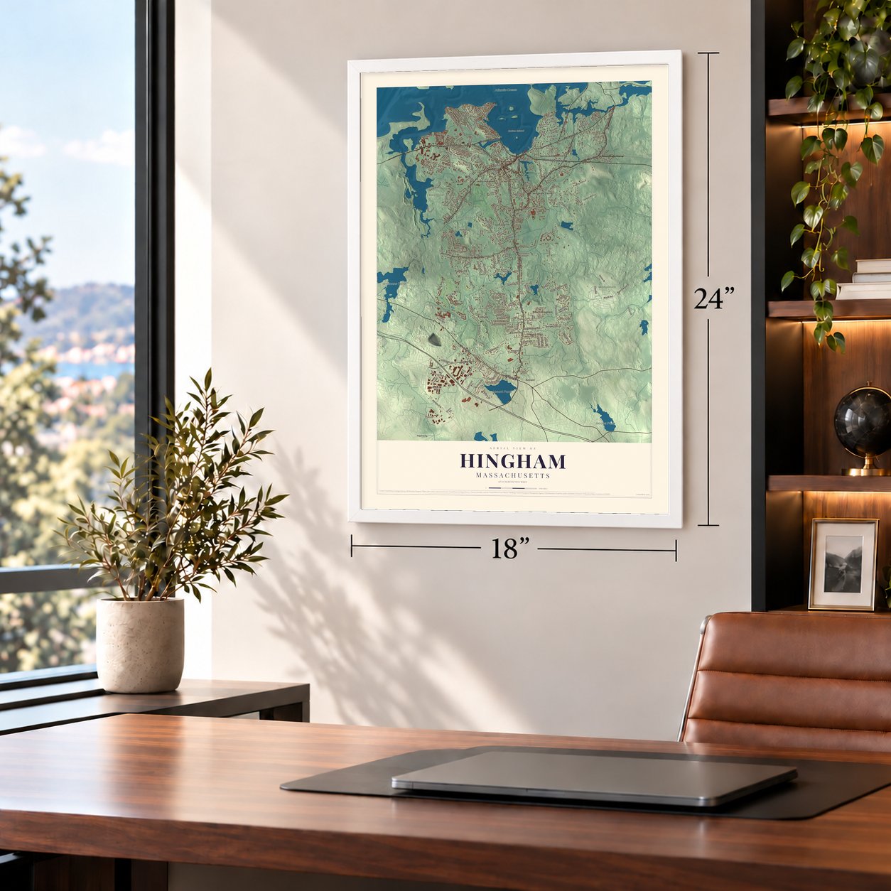 Hingham, Massachusetts map, 18 x 24 inch print in a white frame in a home office