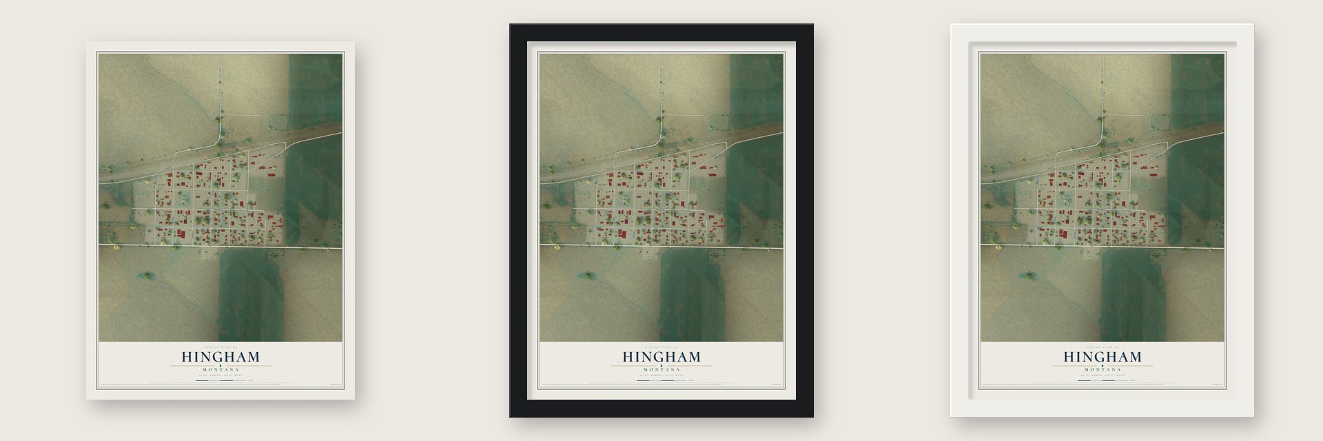 Hingham, Montana map unframed, in a black wood frame and in a white wood frame