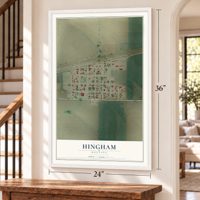 Hingham, Montana map, 24 x 36 inch print in a white frame by a staircase