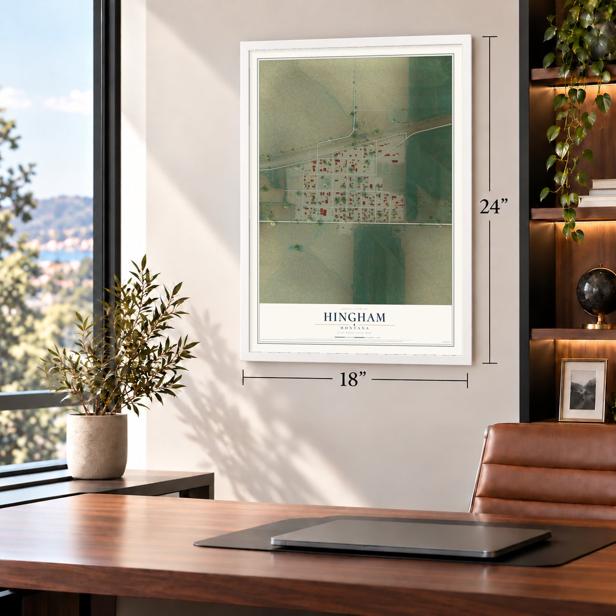 Hingham, Montana map, 18 x 24 inch print in a white frame in a home office