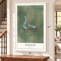 Hingham, Wisconsin map, 24 x 36 inch print in a white frame by a staircase