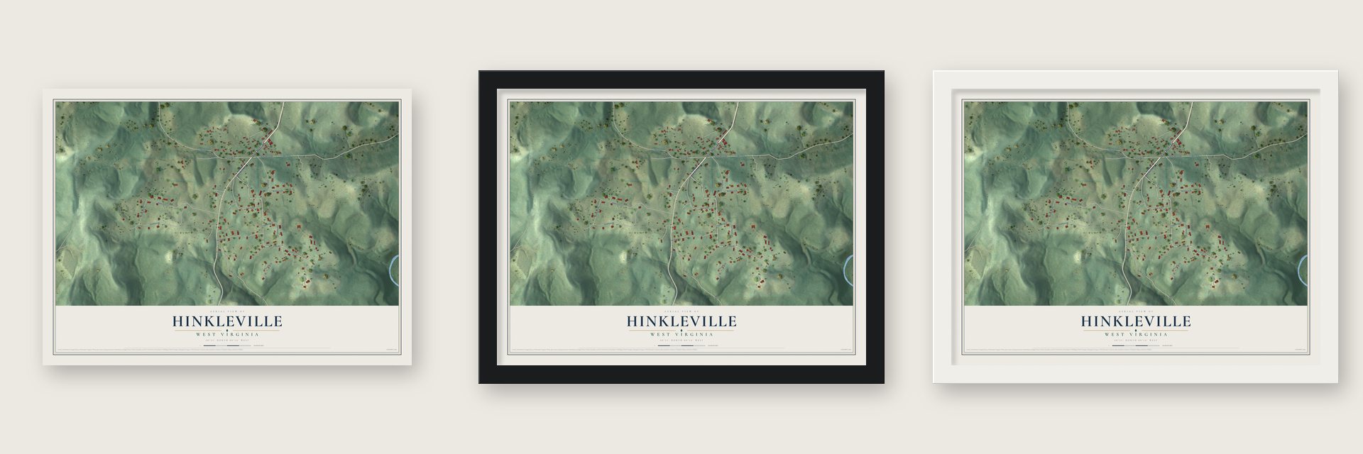 Hinkleville, West Virginia map unframed, in a black wood frame and in a white wood frame