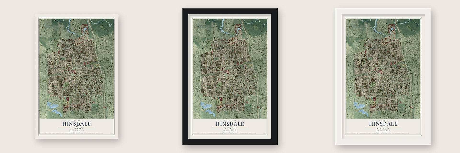 Hinsdale, Illinois map unframed, in a black wood frame and in a white wood frame