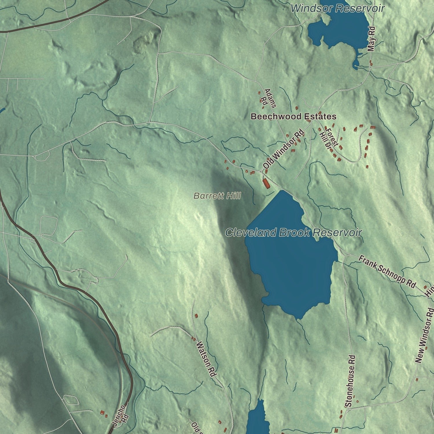 Close-up of the map of Hinsdale, Massachusetts print showing terrain and local geography