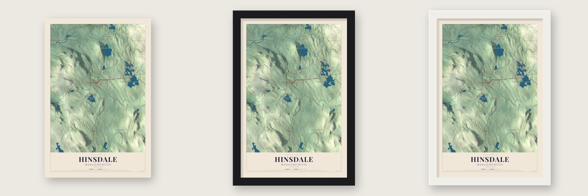 Hinsdale, Massachusetts map unframed, in a black wood frame and in a white wood frame