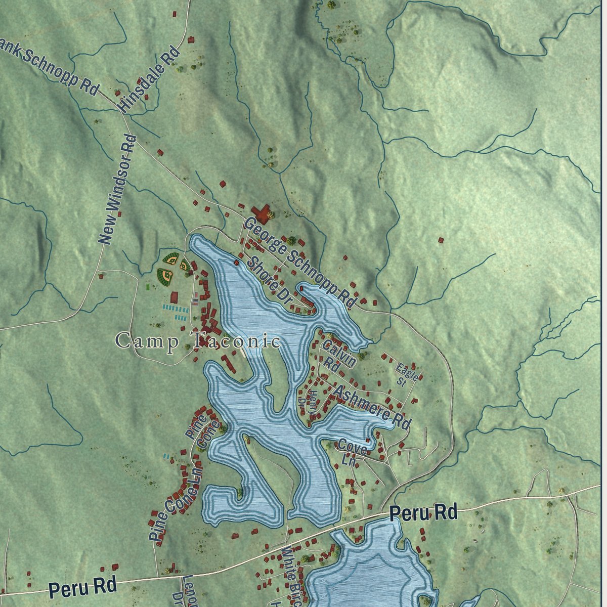Second close-up of the map of Hinsdale, Massachusetts print showing more streets and buildings