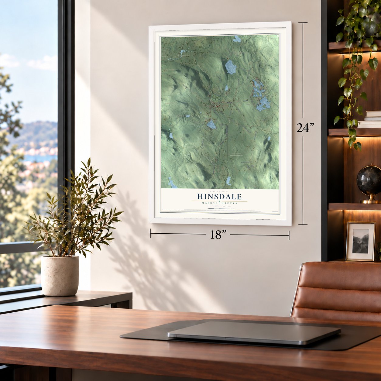 Hinsdale, Massachusetts map, 18 x 24 inch print in a white frame in a home office