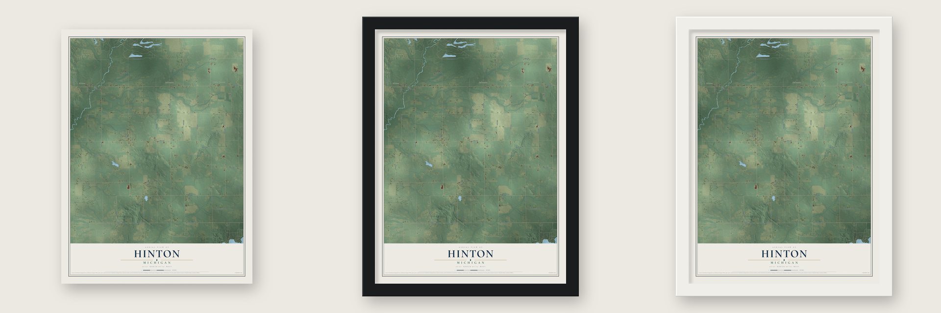 Hinton, Michigan map unframed, in a black wood frame and in a white wood frame