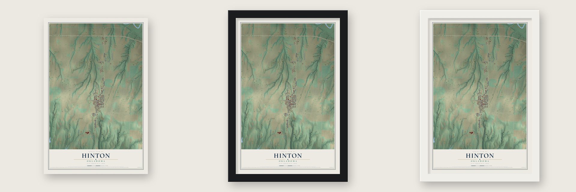 Hinton, Oklahoma map unframed, in a black wood frame and in a white wood frame
