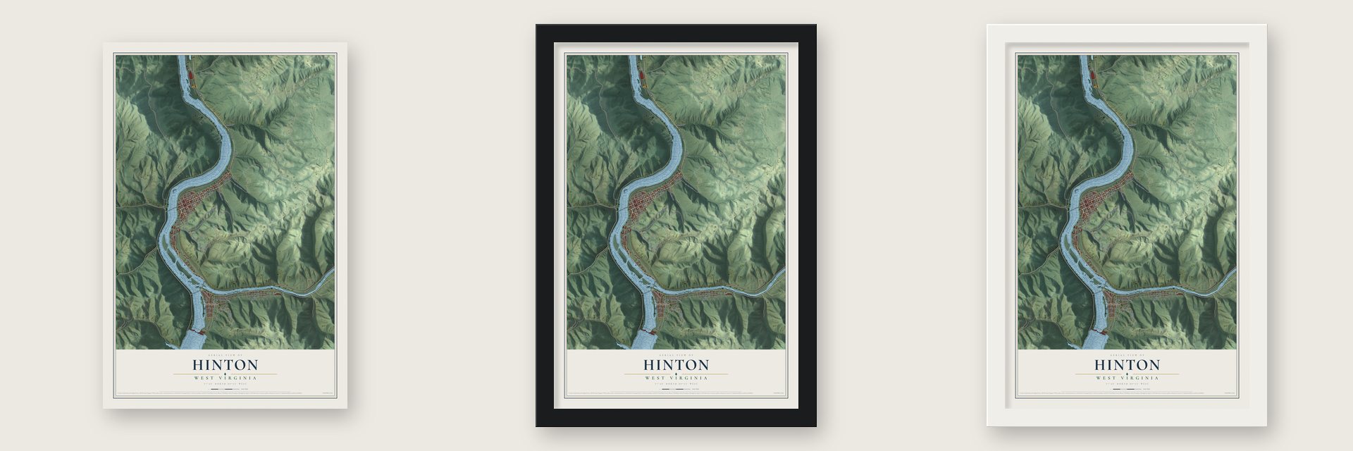 Hinton, West Virginia map unframed, in a black wood frame and in a white wood frame