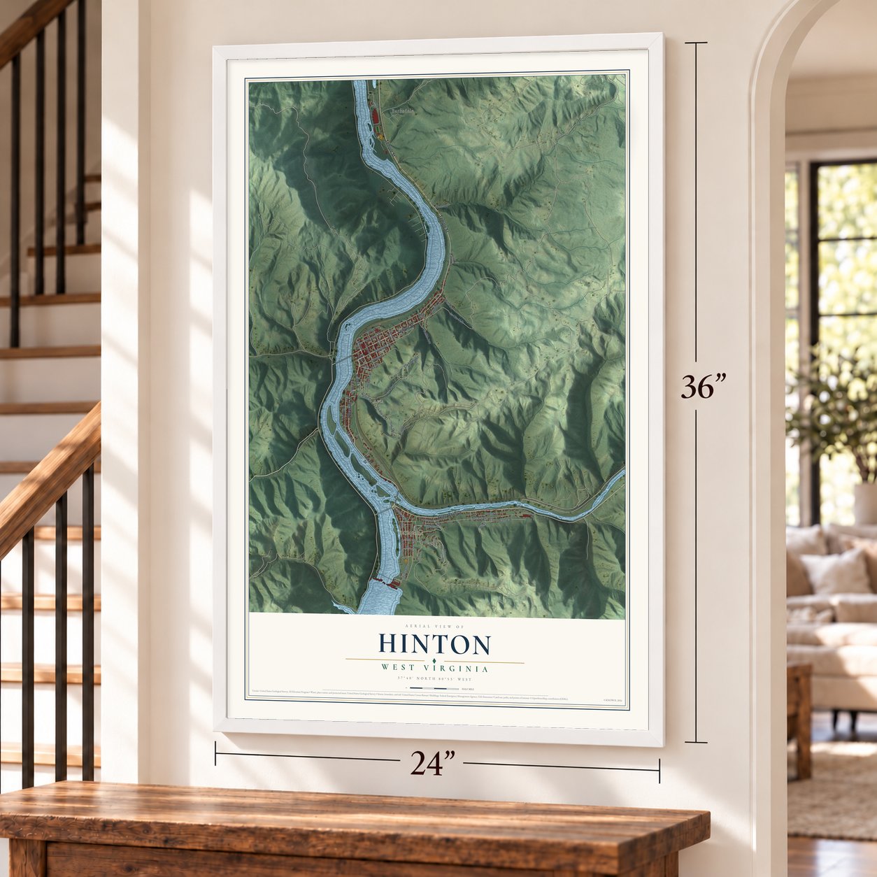Hinton, West Virginia map, 24 x 36 inch print in a white frame by a staircase