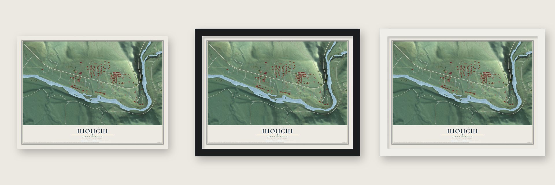 Hiouchi, California map unframed, in a black wood frame and in a white wood frame