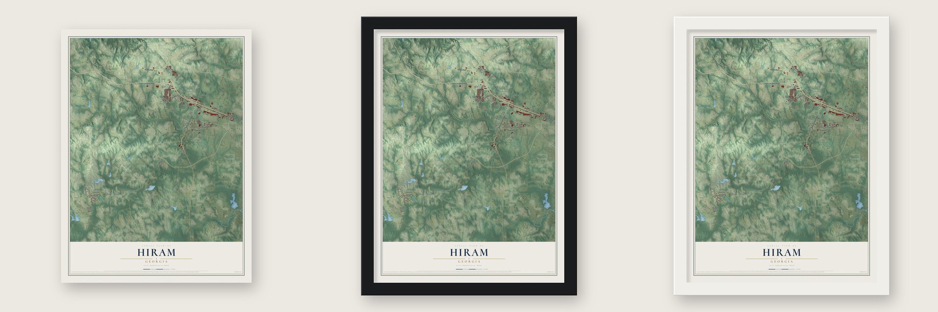 Hiram, Georgia map unframed, in a black wood frame and in a white wood frame