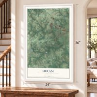 Hiram, Georgia map, 24 x 36 inch print in a white frame by a staircase