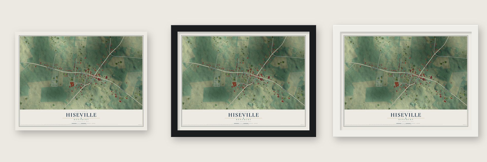 Hiseville, Kentucky map unframed, in a black wood frame and in a white wood frame