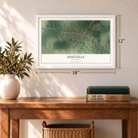 Hiseville, Kentucky map, 12 x 18 inch print in a white frame in an entryway