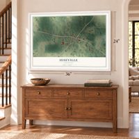 Hiseville, Kentucky map, 24 x 36 inch print in a white frame above a dresser by a staircase