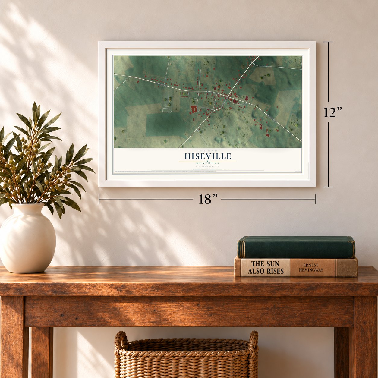 Hiseville, Kentucky map, 12 x 18 inch print in a white frame in an entryway