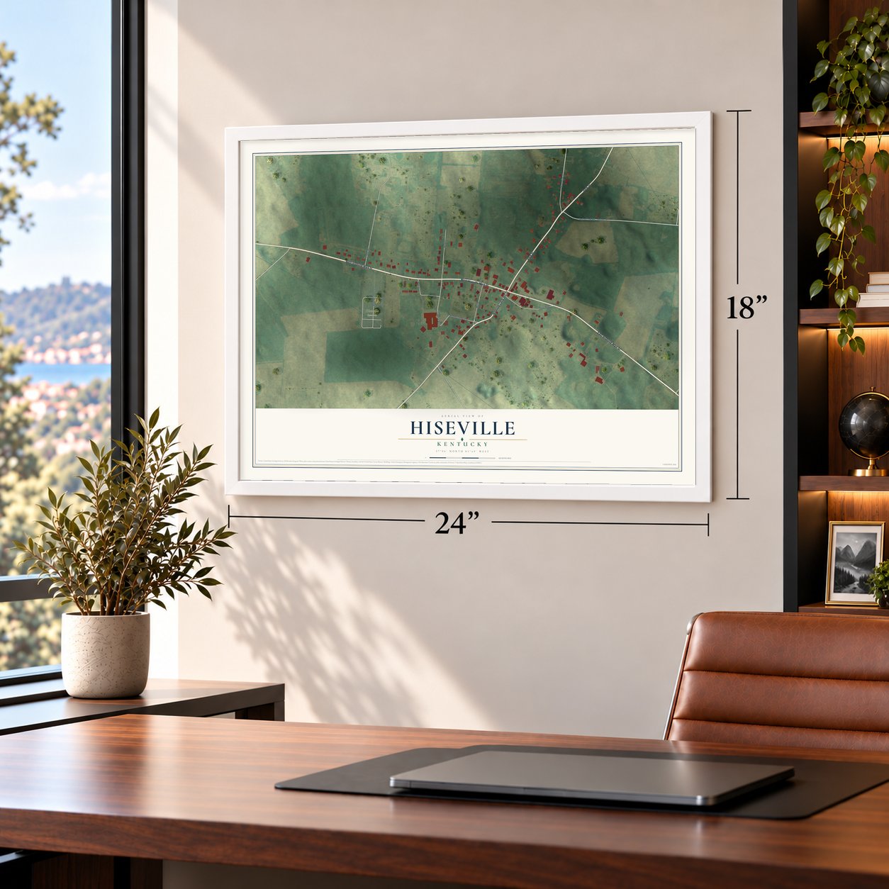 Hiseville, Kentucky map, 18 x 24 inch print in a white frame in a home office