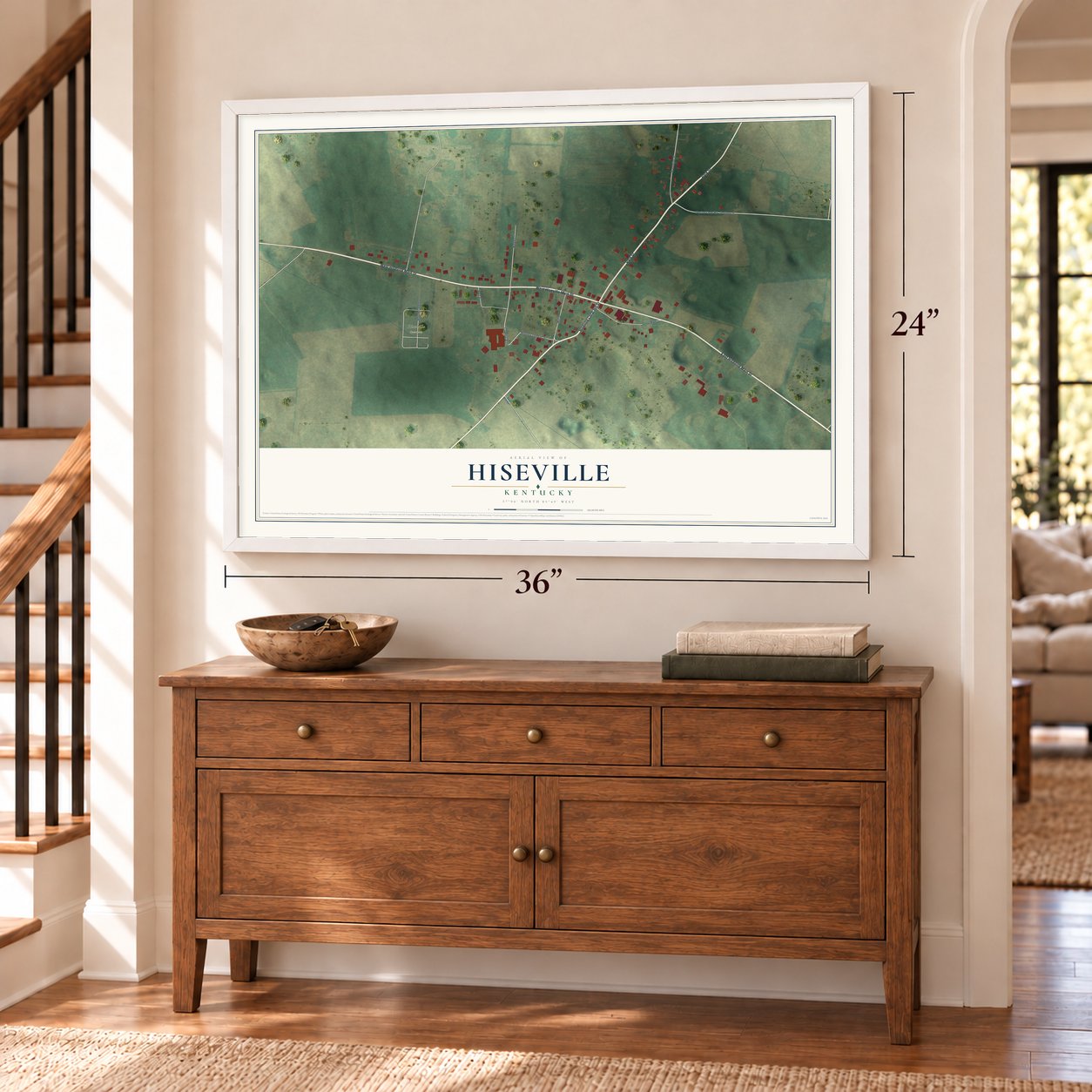 Hiseville, Kentucky map, 24 x 36 inch print in a white frame above a dresser by a staircase