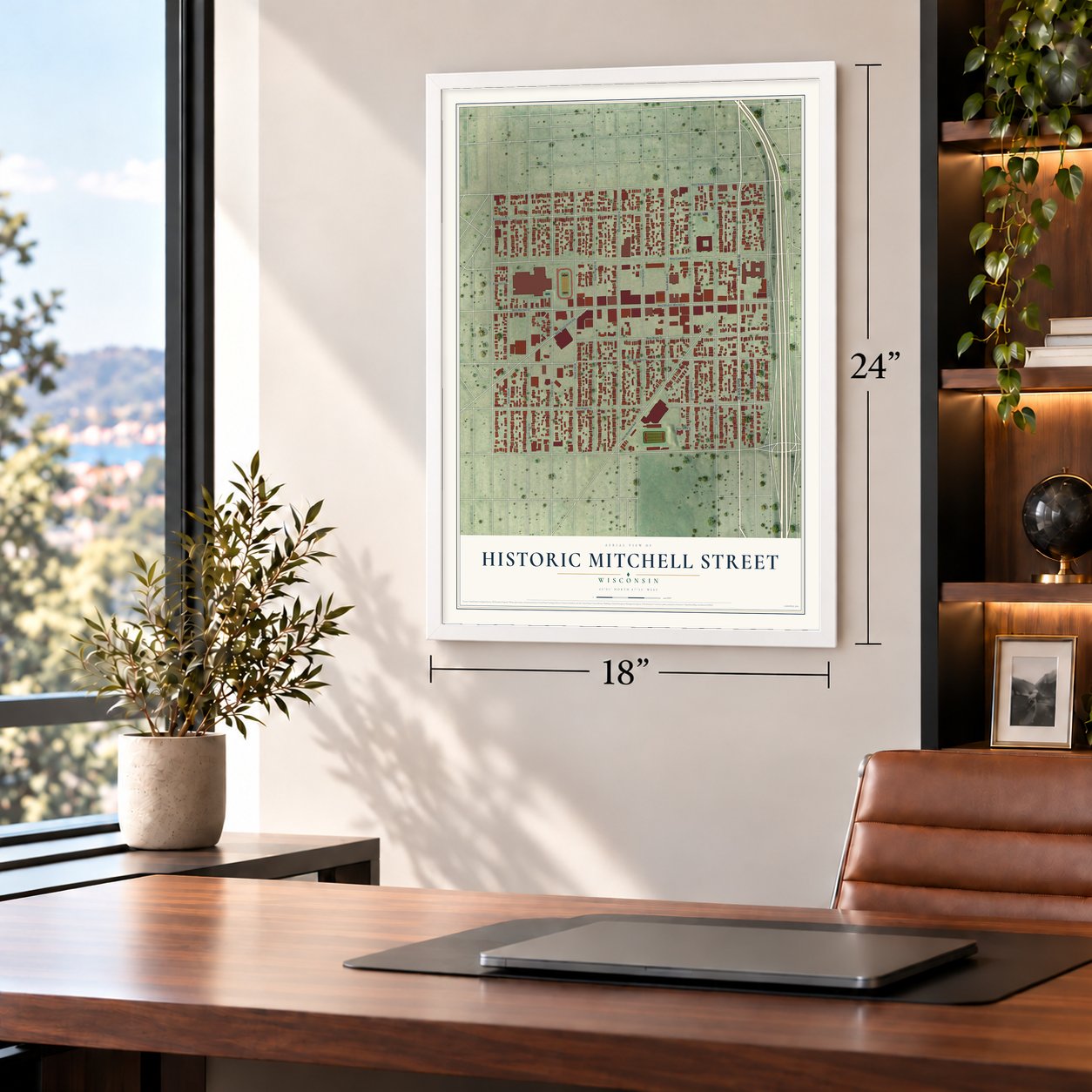 Historic Mitchell Street, Wisconsin map, 18 x 24 inch print in a white frame in a home office