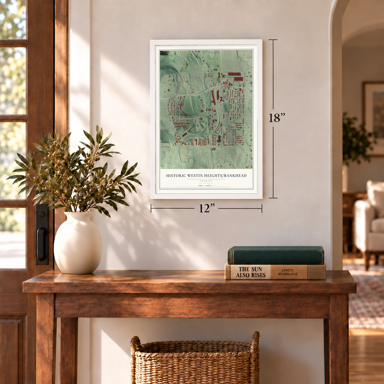 Historic Westin Heights-Bankhead, Georgia map, 12 x 18 inch print in a white frame in an entryway