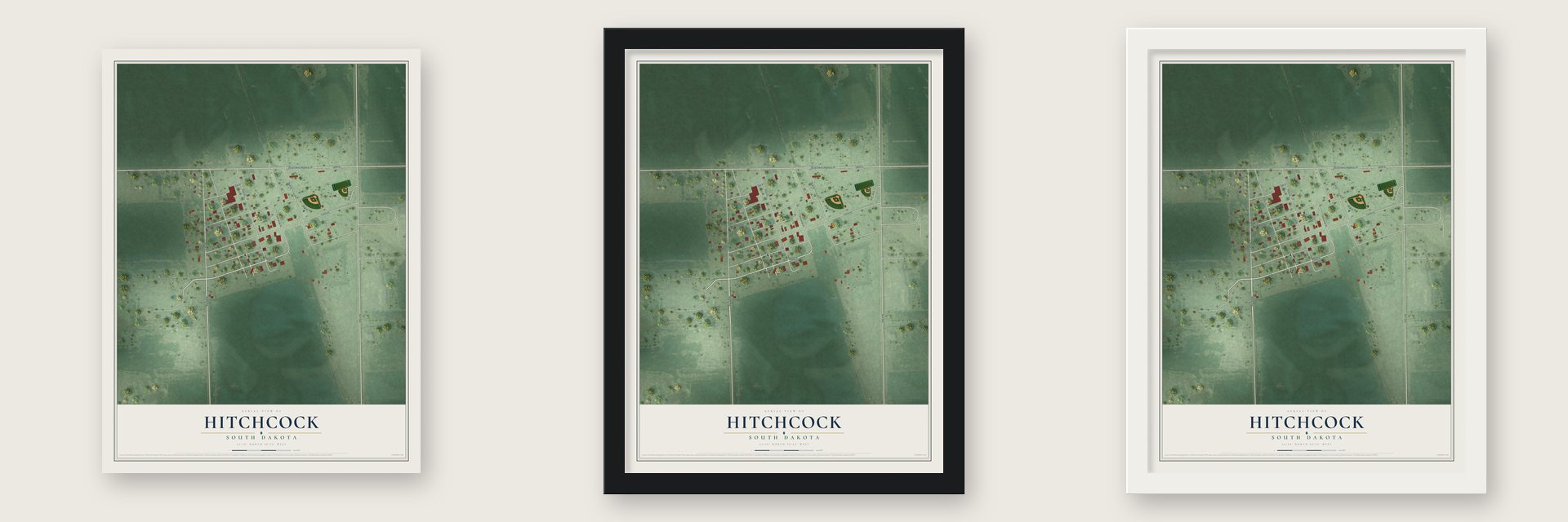 Hitchcock, South Dakota map unframed, in a black wood frame and in a white wood frame