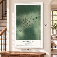 Hitchcock, South Dakota map, 24 x 36 inch print in a white frame by a staircase