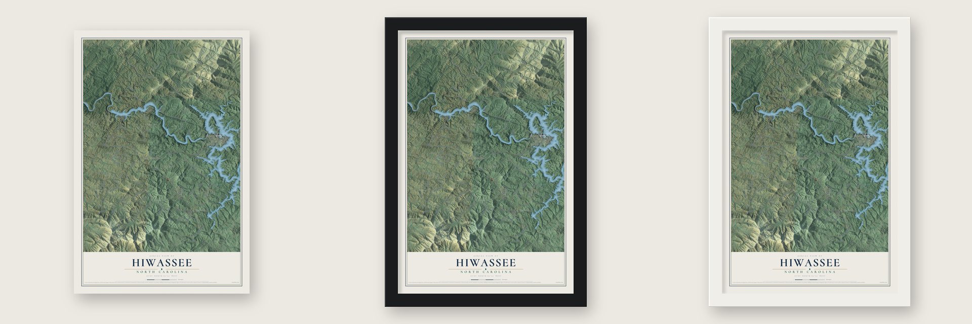 Hiwassee, North Carolina map unframed, in a black wood frame and in a white wood frame