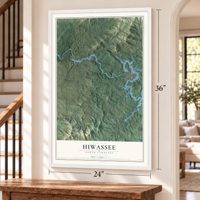 Hiwassee, North Carolina map, 24 x 36 inch print in a white frame by a staircase