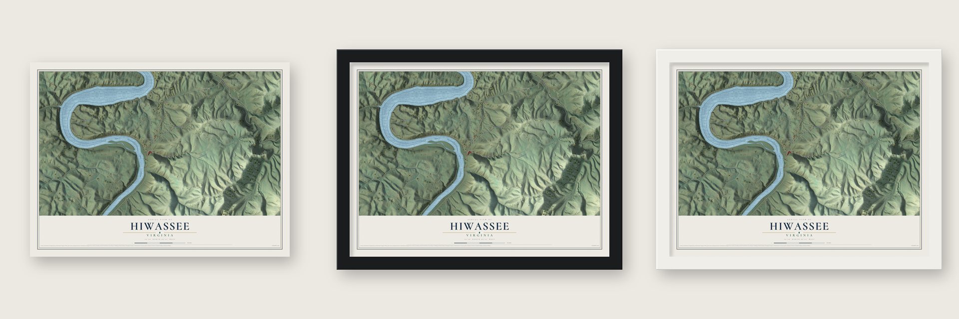 Hiwassee, Virginia map unframed, in a black wood frame and in a white wood frame