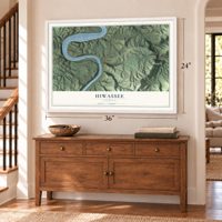 Hiwassee, Virginia map, 24 x 36 inch print in a white frame above a dresser by a staircase