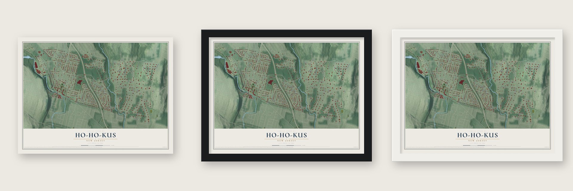 Ho-Ho-Kus, New Jersey map unframed, in a black wood frame and in a white wood frame