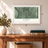 Ho-Ho-Kus, New Jersey map, 12 x 18 inch print in a white frame in an entryway