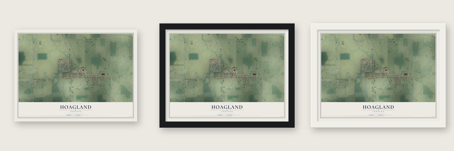 Hoagland, Indiana map unframed, in a black wood frame and in a white wood frame