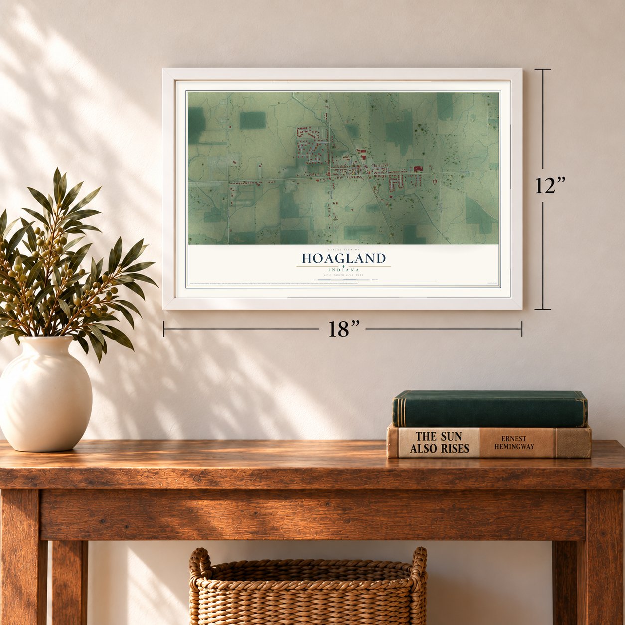 Hoagland, Indiana map, 12 x 18 inch print in a white frame in an entryway
