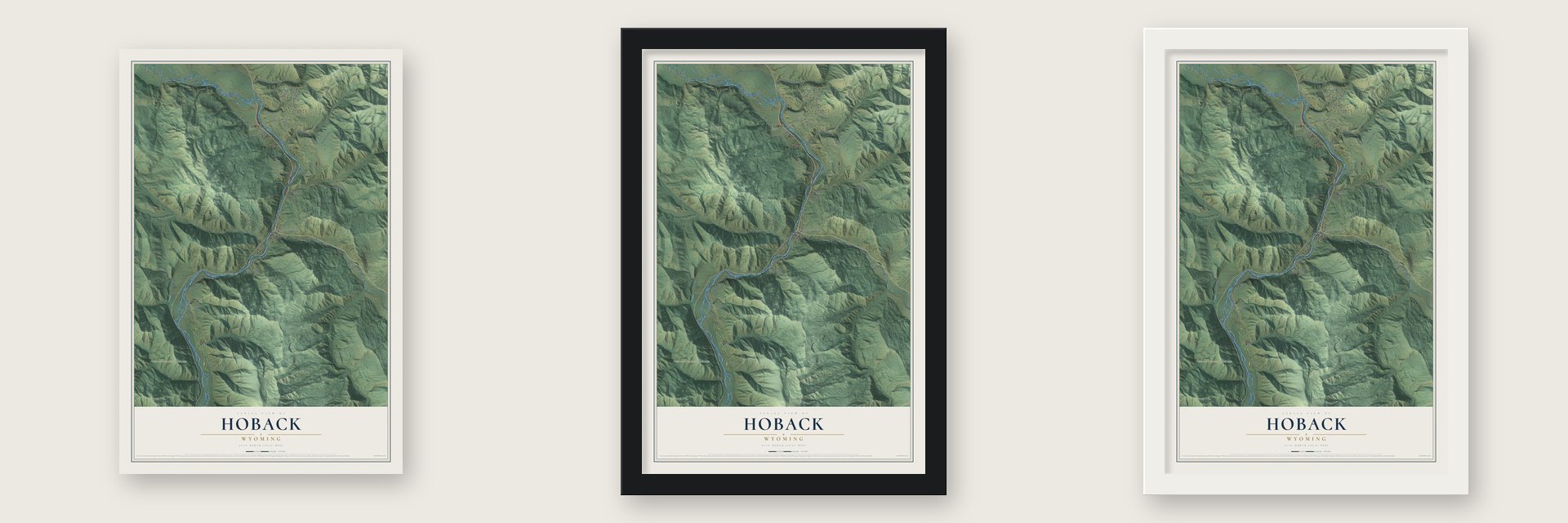 Hoback, Wyoming map unframed, in a black wood frame and in a white wood frame