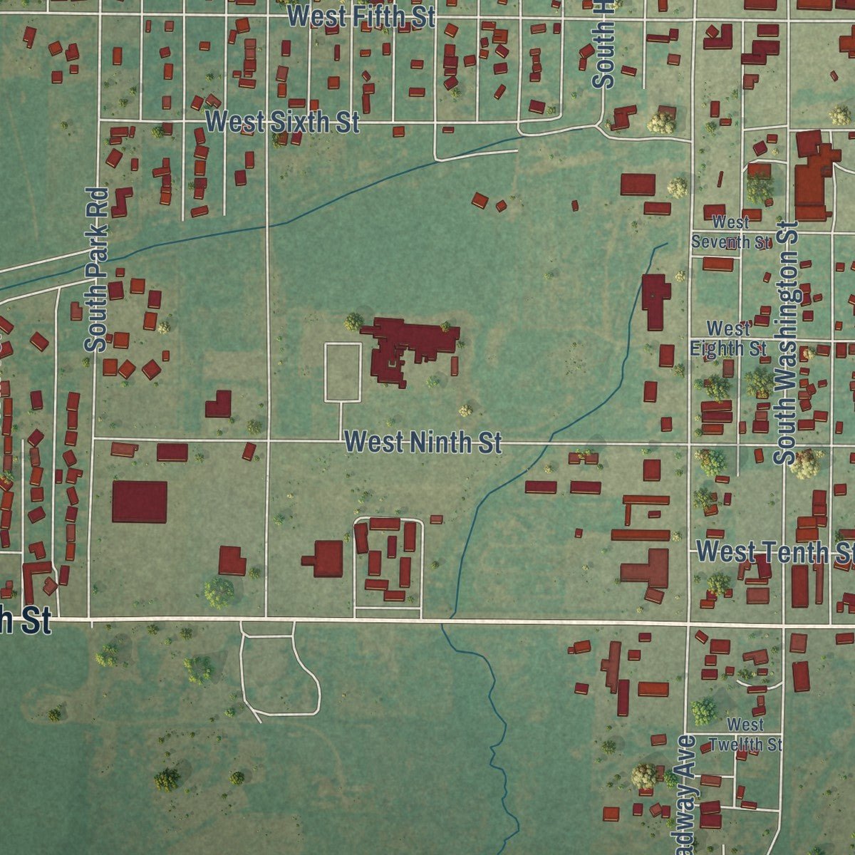 Second close-up of the map of Hobart, Oklahoma print showing more streets and buildings